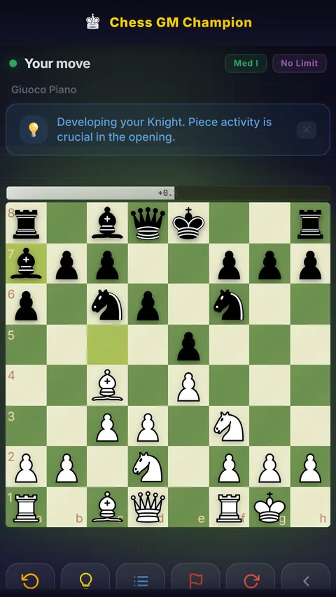 Mid-game position with the coach explaining a move and an evaluation bar