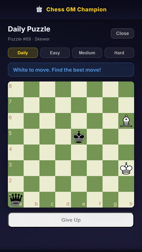 Daily puzzle screen with a skewer tactic to solve