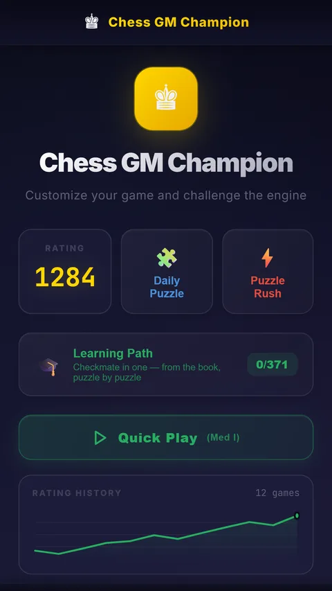 Home screen with rating, daily puzzle, Puzzle Rush and learning path